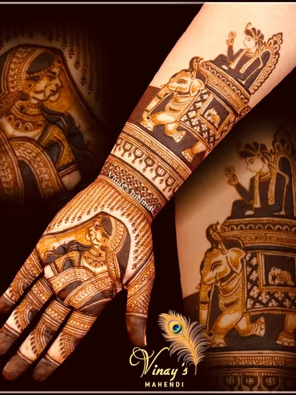 Learn to create majestic baraat scenes, like this groom on a royal elephant. My classes cover the techniques for drawing complex figures and integrating them seamlessly into a full bridal mehndi design.