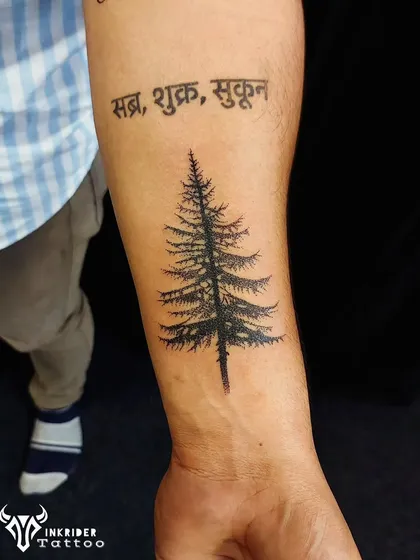 This tattoo pairs a detailed pine tree with the Hindi words 'Sabr, Shukr, Sukoon' (Patience, Gratitude, Peace). It’s a beautiful reminder to stay rooted and find peace.