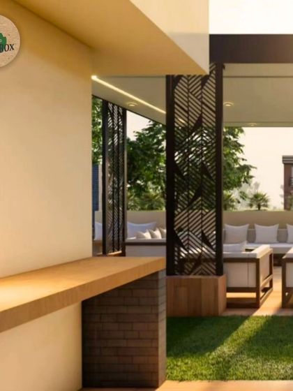 A render showing the view from a proposed bar counter on a terrace. The design features intricate metal screens for privacy and style, creating a sophisticated yet warm atmosphere.