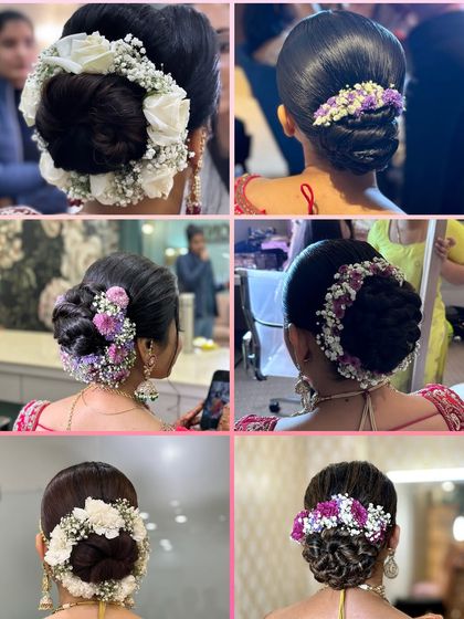 A collage showcasing a variety of my bridal bun creations from 2023. It highlights different techniques using fresh flowers like roses, baby's breath, and carnations.