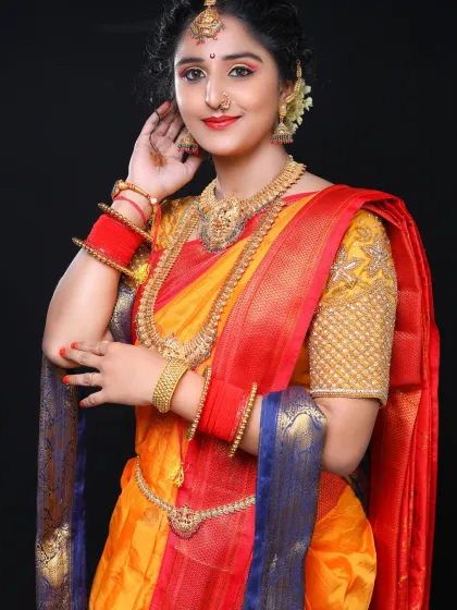 A beautiful South Indian bridal look with a traditional yellow and red saree. This portfolio piece was created entirely by one of my talented students.