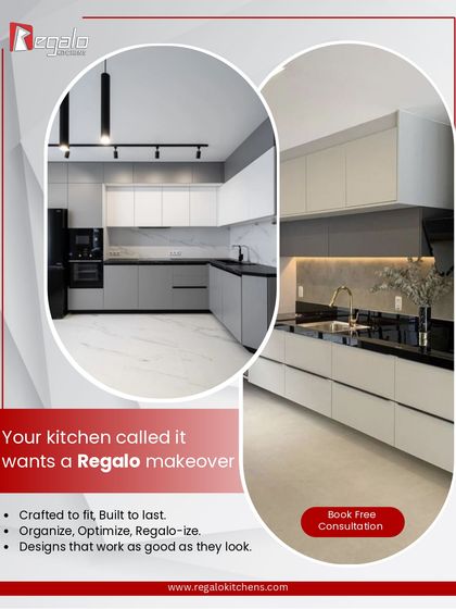 Your kitchen called, it wants a Regalo makeover. This ad showcases our sleek, modern designs and encourages you to book a free consultation to organize, optimize, and "Regalo-ize" your space.