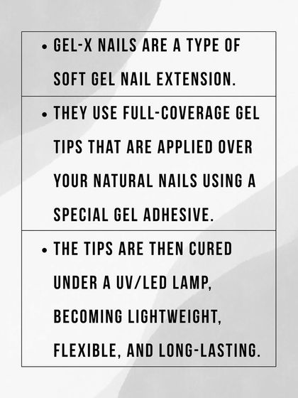 What are Gel-X nails? This graphic explains the basics of this popular service, where full-coverage soft gel tips are applied for a lightweight, flexible, and long-lasting extension.