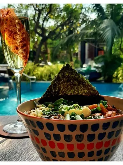 My hand-painted ramen bowl brings a vibrant, artistic touch to this delicious meal served poolside at Tiamo, Conrad Bengaluru. Each pattern is carefully applied to create a unique piece.
