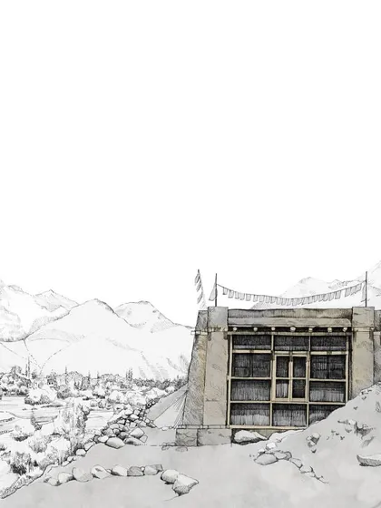 A hand-drawn elevation for a post-disaster rehabilitation shelter. The design uses earth architecture and passive heating techniques, learning from local vernacular building wisdom to create a sustainable and context-appropriate structure in a mountainous region.