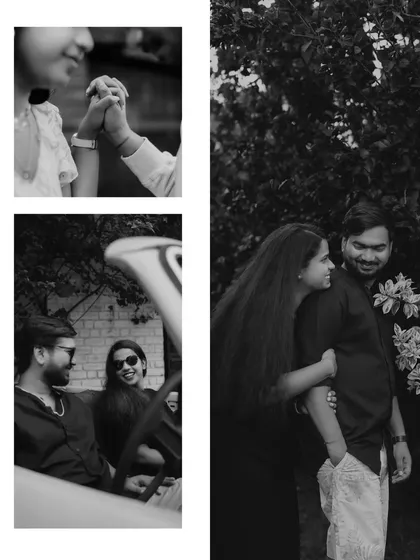 A black and white collage of intimate moments, from holding hands to sharing a laugh in a vintage car.