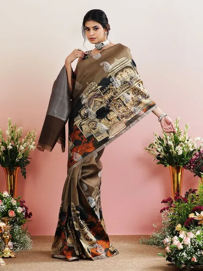 A full view of the saree with architectural prints, a sophisticated and artistic piece.