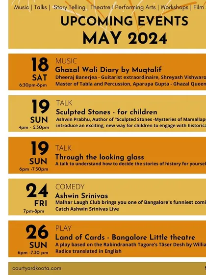 A look at our May 2024 event calendar, featuring ghazal nights, talks for children, comedy shows, and theatre productions.