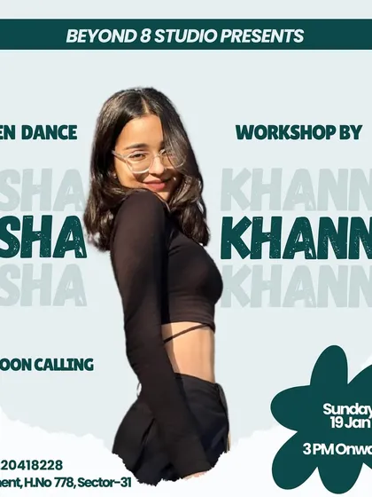An announcement for a free open dance workshop with Tisha Khanna. We often host these sessions to welcome new dancers into our community and let them experience our vibe.