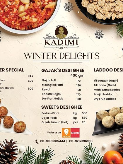 Our complete Winter Delights menu, featuring Gajar Halwa, Moong Daal Halwa, various types of Gajak, Laddoos, and Pinni, all made with pure desi ghee.