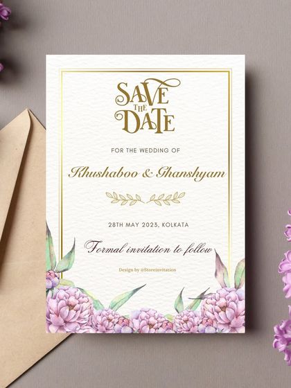 The classic version of the lilac-themed Save the Date. The design uses elegant typography and a simple gold frame, allowing the beautiful floral arrangement at the bottom to truly shine.