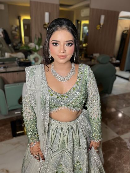 A closer look at this celebrity-inspired glam. The skin is flawless, and the eyes are softly defined.