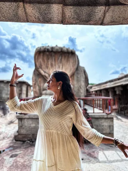 Dance for me is also a spiritual practice. This moment at the Lepakshi temple reflects the connection between art, faith, and history that inspires my contemporary and classical fusion work.