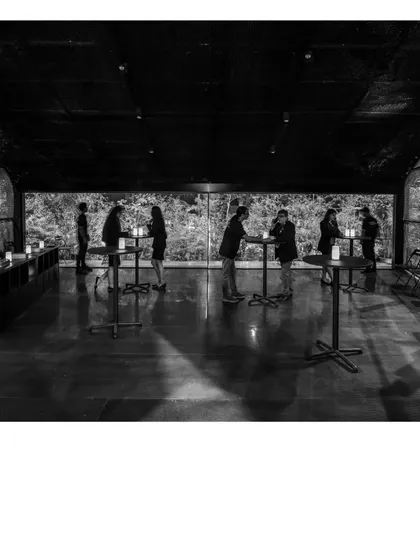 A black and white photograph of the Durall Pavilion. The image highlights the contrast between the dark, man-made structure and the natural, light-filled garden beyond.