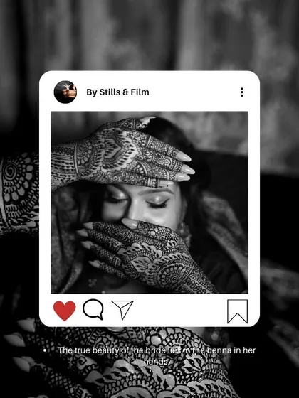 An artistic, social-media-style frame capturing the intricate beauty of a bride's Mehendi. This black and white shot emphasizes the artistry and tradition of henna.