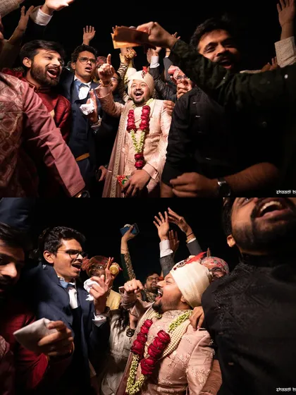 The groom's friends celebrating wildly during the baraat. The energy is electric.