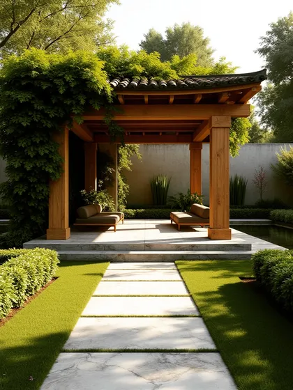 An Asian-inspired wooden gazebo with a curved roof, set on a stone platform in a manicured garden. The structure is surrounded by a shallow water feature, creating a tranquil meditation spot.