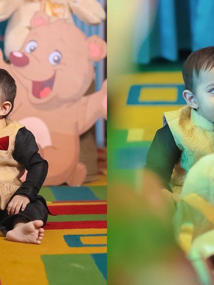 A magical 'Mermaid' themed birthday party, with shimmering blue and green decor, seashell props, and mermaid cutouts, creating an enchanting underwater world.