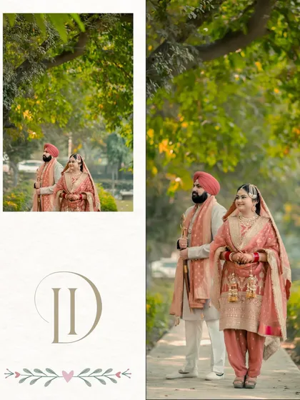 A beautifully designed collage with the couple's initials, featuring their elegant portraits from their Anand Karaj.