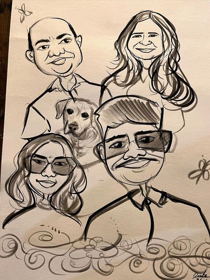 A complete family portrait that includes the family dog right in the middle of the action. I always welcome pets in my group drawings.