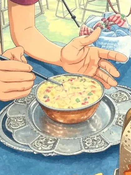 A close-up of a stylist's hands adding the final garnish to a dish, rendered in a soft, painterly Ghibli style. This AI piece highlights the delicate, hands-on artistry that is central to our work.