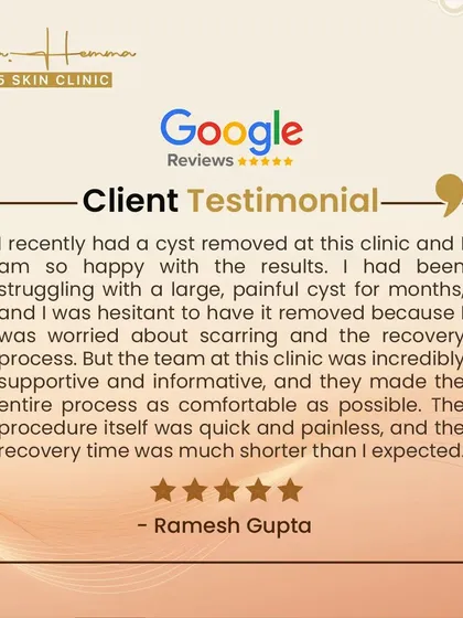 Your comfort and confidence are my top priorities. This feedback from a patient who underwent a cyst removal at my clinic highlights the supportive and professional experience I strive to provide. We ensure you are informed and comfortable from consultation to recovery.