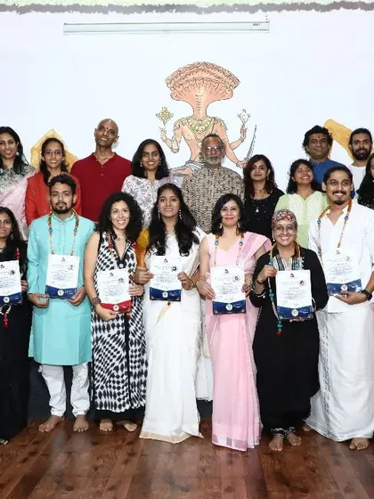 Celebrating the success of our teacher trainees. This group photo captures the sense of accomplishment and community that defines our residential courses in Mysore.