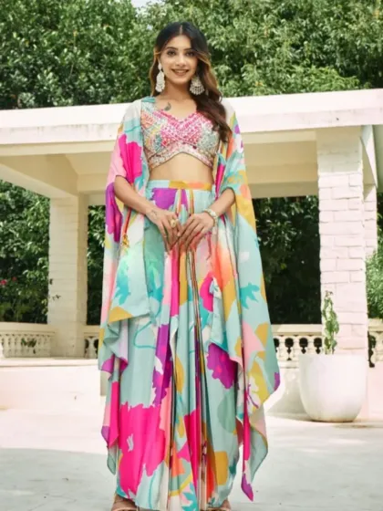 A full frontal view of the multi-color floral outfit, showing the beautifully embroidered blouse that complements the printed fabric.