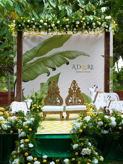 We specialize in bringing unique, traditional themes to life, like this beautiful 'Banana Grove' setup for a Varapooje ceremony. It's a perfect blend of nature-inspired decor and South Indian wedding customs.
