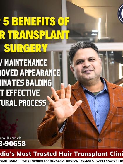 This graphic lists the top 5 benefits of hair transplant surgery: it's low maintenance, improves appearance, eliminates balding, is cost-effective, and is a natural process.