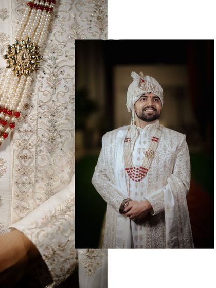 A collage showing a full-length shot of the groom in his white sherwani and a close-up of the intricate brooch and necklace.