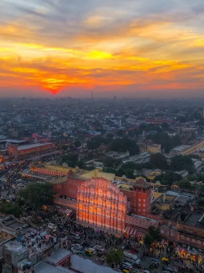 The Hawa Mahal in Jaipur, lit by the last rays of the setting sun. I use my drone to find unique perspectives on iconic architecture, showing how the light interacts with the intricate details of our heritage.