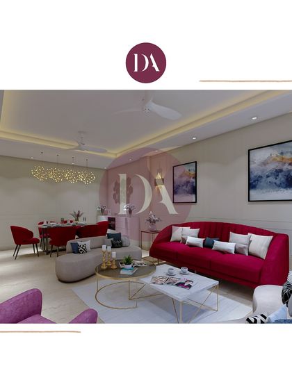 A vibrant living and dining room concept showcasing our ability to work with bold colors. The design combines bright red and purple furniture with neutral walls and elegant lighting for a space that is full of energy and personality.