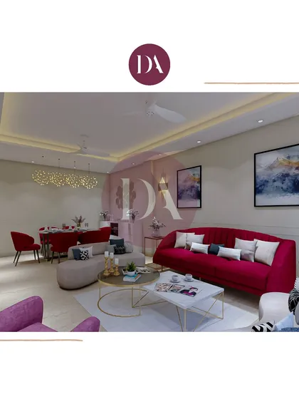A vibrant living and dining room concept showcasing our ability to work with bold colors. The design combines bright red and purple furniture with neutral walls and elegant lighting for a space that is full of energy and personality.