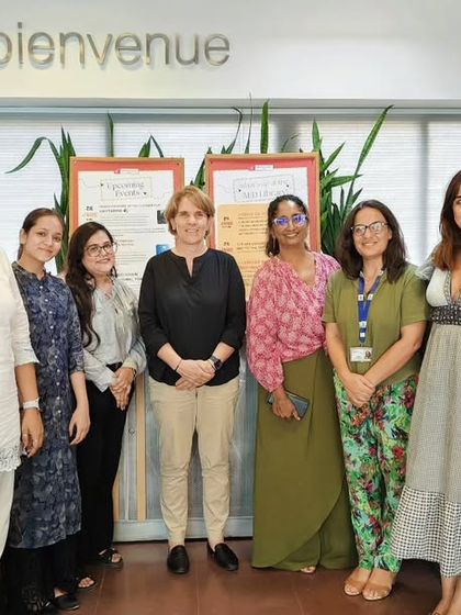 The Sénatrice poses with our administrative team. Her visit underscores our role as a key institution for promoting French language and culture in India.