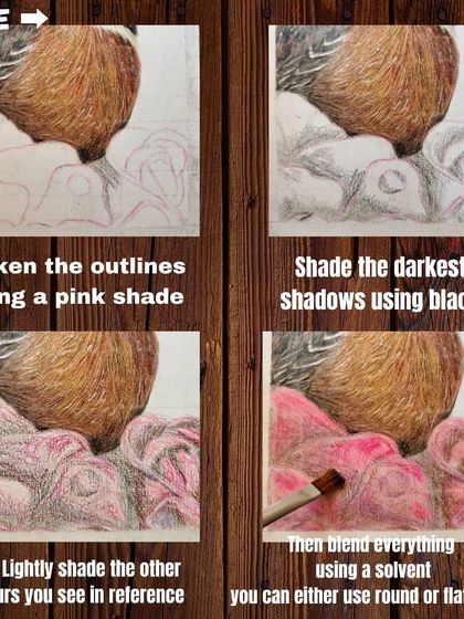 A step-by-step tutorial collage showing how I layered colors to draw the realistic red roses.