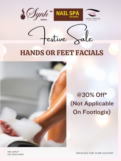 This festive sale offer gives you 30% off on hand or feet facials across all my locations. The image of a relaxing foot soak perfectly captures the pampering experience.