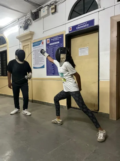 A student demonstrates a perfect lunge during a practice bout at our summer camp. This is a fundamental attacking move in fencing, and we focus on teaching strong, balanced form right from the beginning.