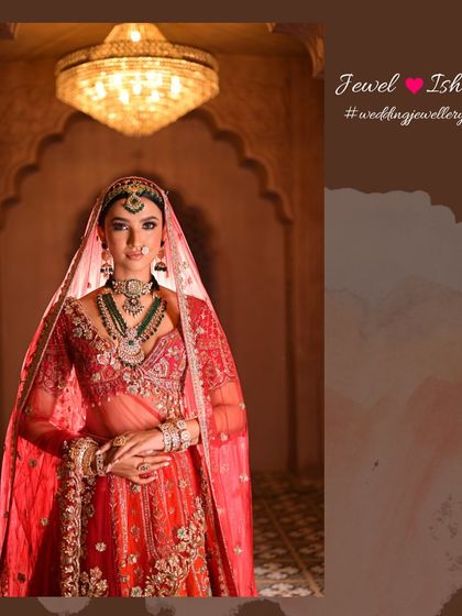 A poised and elegant full-length bridal portrait. The layered necklaces and full set of accessories create a truly unforgettable look.