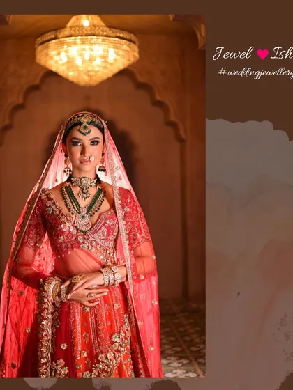 A poised and elegant full-length bridal portrait. The layered necklaces and full set of accessories create a truly unforgettable look.