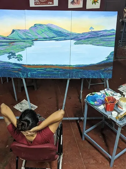 Taking a moment after finishing the large Neelakurinji triptych. A piece of this scale is a journey, and this photo captures the feeling of satisfaction when the vision is finally complete and ready to find its new home.