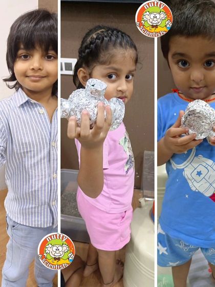 Crafting asteroids from foil. In our Dino Camp, kids learn about the science of extinction through fun, hands-on activities like this.