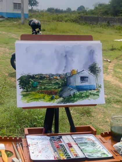 My plein air setup in rural Bengaluru. I love getting out of the city and painting these quiet, rustic scenes.