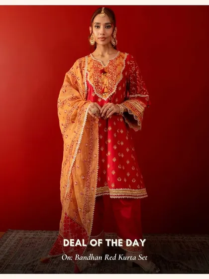 The Bandhan Red Kurta Set is a deal of the day again because it's just that popular. A perfect Karwa Chauth or wedding guest outfit.