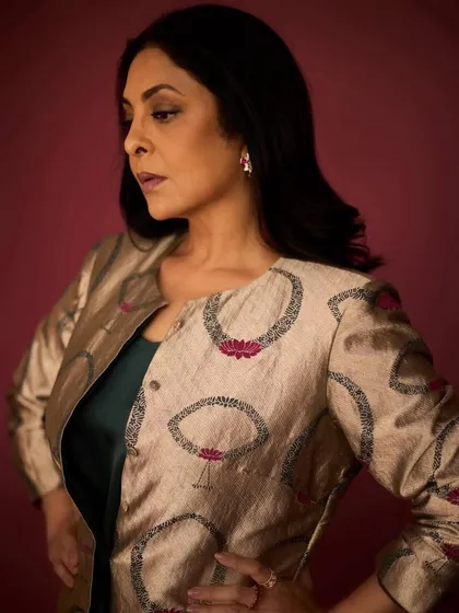 A side profile that gives a better view of the unique pattern and craftsmanship of the Raw Mango jacket.