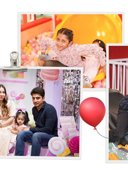 A collage showcasing the variety of fun at our parties, including a child enjoying the slide into the ball pit and a family posing for a photo. There's something for everyone at Wooray Elite.