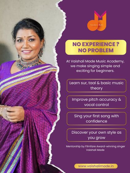 No experience? No problem at all. I make singing simple and exciting for beginners. This graphic shows how we start with 'sur' and 'taal', improve pitch accuracy, and help you sing your first song with confidence.