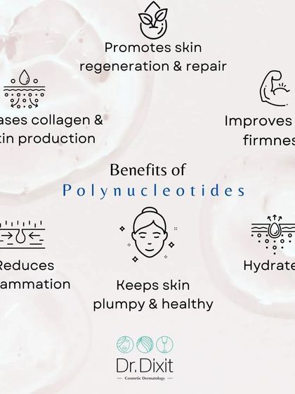 This graphic explains the many benefits of Polynucleotides, the key ingredient in our Hydraboost treatment. They promote skin repair, increase collagen, improve firmness, reduce inflammation, and provide deep hydration.