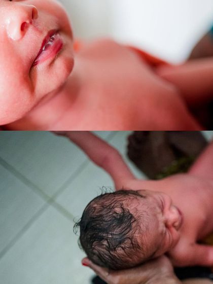 Close-up details of a newborn during a traditional massage, showing the baby's tiny features and wet hair. These documentary-style shots preserve the authenticity of the experience.