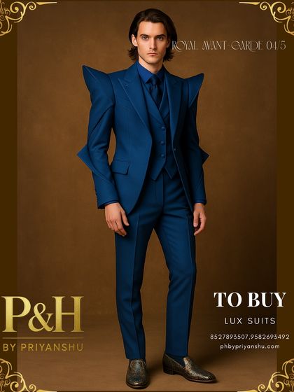 A full-body shot of the rare blue avant-garde suit, showing how the complete ensemble creates a commanding and statuesque presence. The tailoring ensures a sharp, clean line from shoulder to shoe.